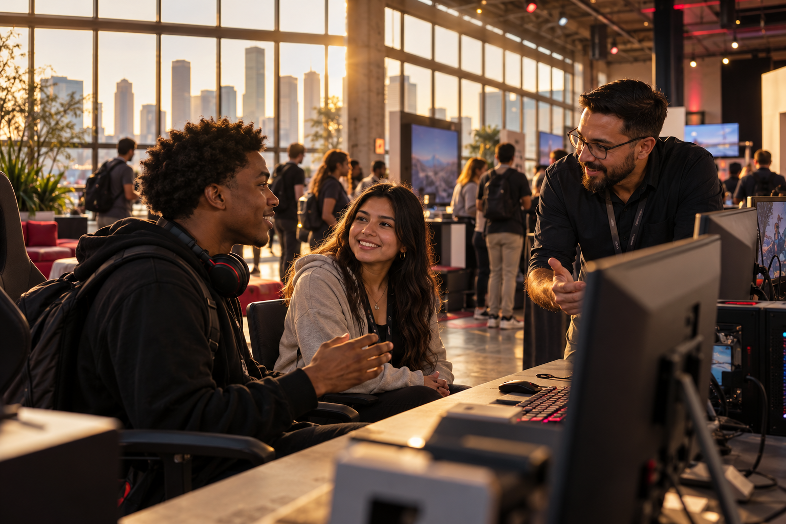 Students and an educator exploring an esports workstation