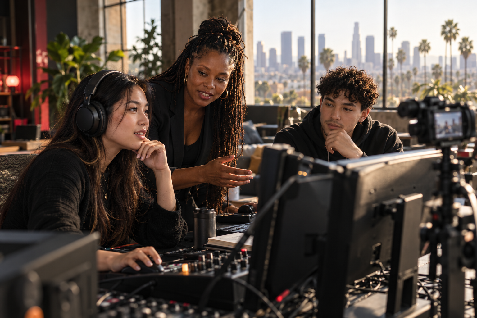 Students learning esports broadcast production with a mentor