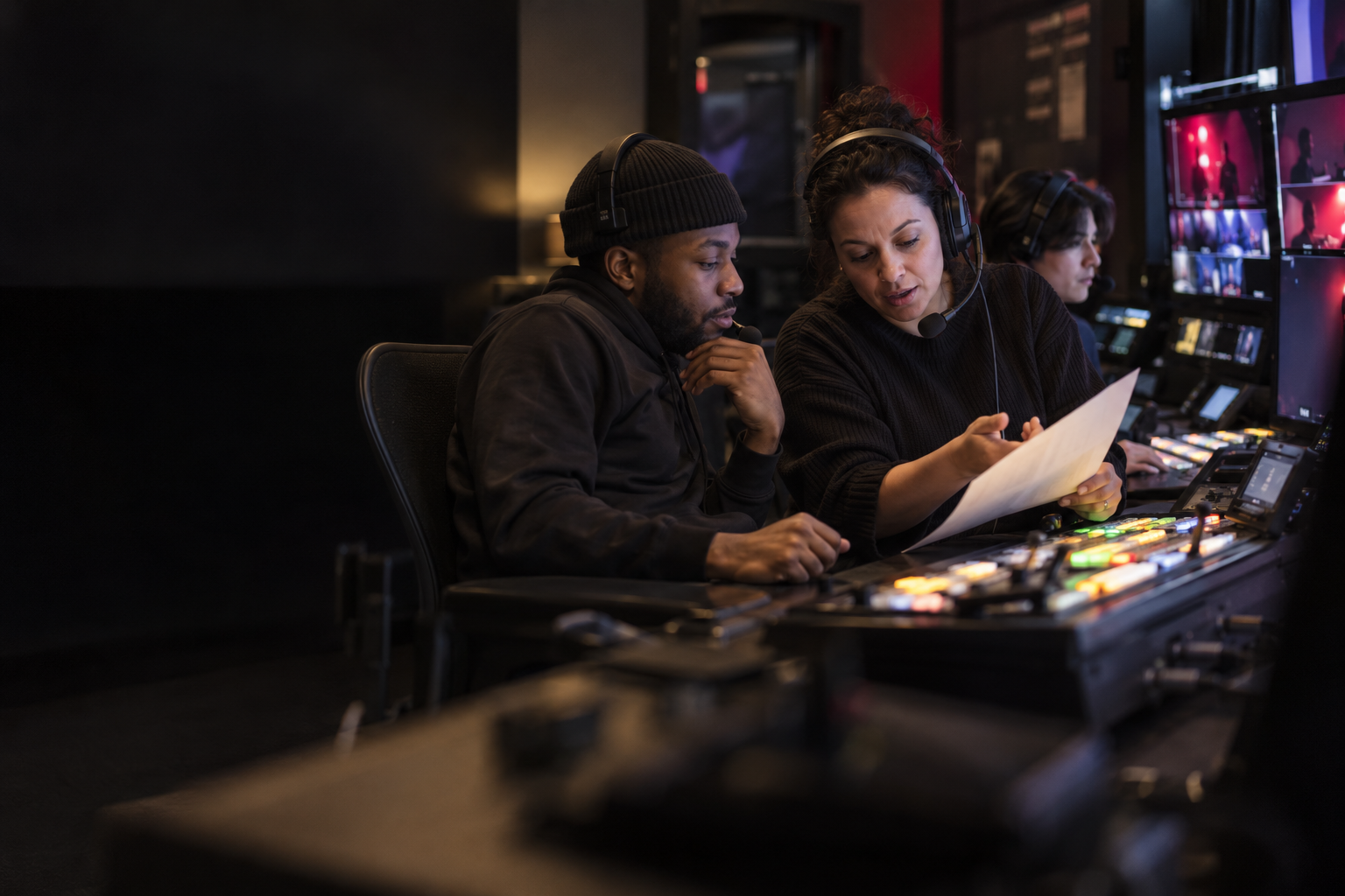 An esports production professional guiding a learner behind the scenes